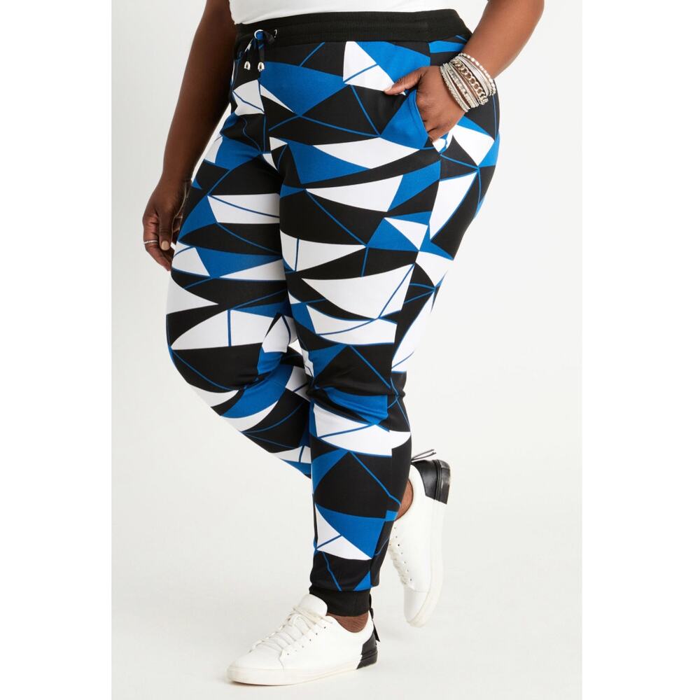 Ashley Stewart Geoprint Blue Athleisure Joggers Size 26/28 Polyester Blend $49